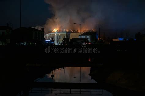 House Burning at Night with Firefighters 7 Stock Photo - Image of ...