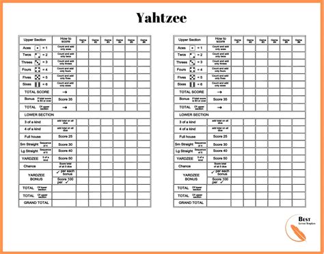 Yahtzee Score Card Printable