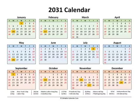 2031 Calendar with US holidays, Editable in Excel, Word, PDF