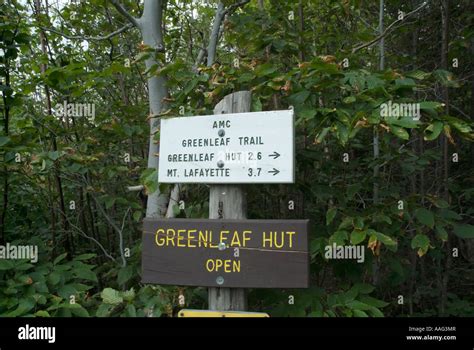 Greenleaf Hut sign at the start of Greenleaf Trail in the White Mountains New Hampshire USA ...