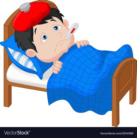 Cartoon Sick boy lying in bed Royalty Free Vector Image