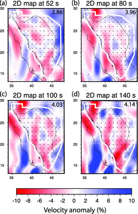 Phase velocity variations at periods of 52, 80, 100, and 140 s. Areas... | Download Scientific ...