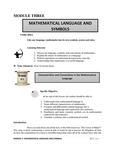 Module in Mathematics in the Modern World- Math Language and Symbols - MODULE THREE CORE IDEA ...