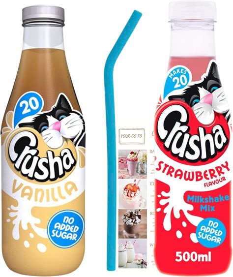 Milkshake Mix Bundle with 1x Crusha Vanilla 500ml, 1x Crusha Strawberry 500ml, 1x Reusable ...