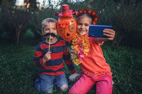 Day of the Dead and Halloween. Cute Kids Wearing in Themed Costumes for Fun Party Stock Image ...