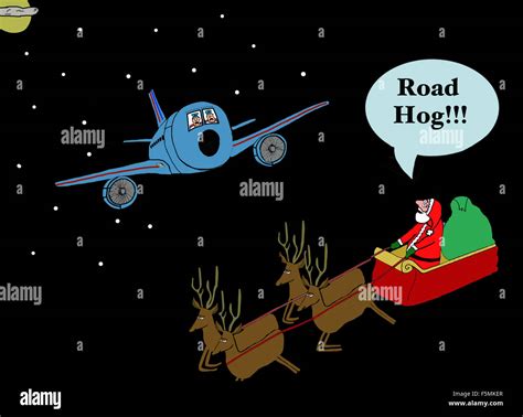 Christmas cartoon showing an airplane about to crash into Santa Stock ...