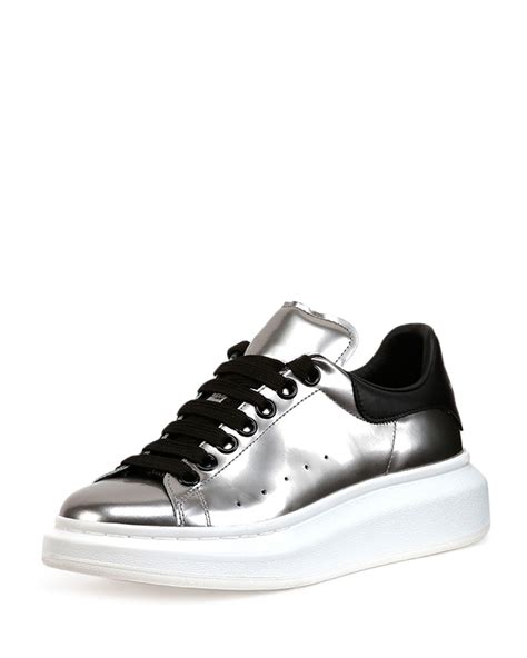 Alexander Mcqueen Metallic Lace-Up Low-Top Sneaker in Silver (SILVER/BLACK) | Lyst