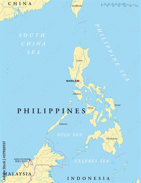 Philippines political map with capital Manila, national borders, rivers ...