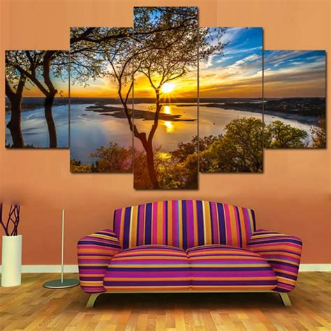 Posters Tableau Wall Art Home Decor Modern 5 Panel Beautiful Sunrise Natural Landscape HD Print ...