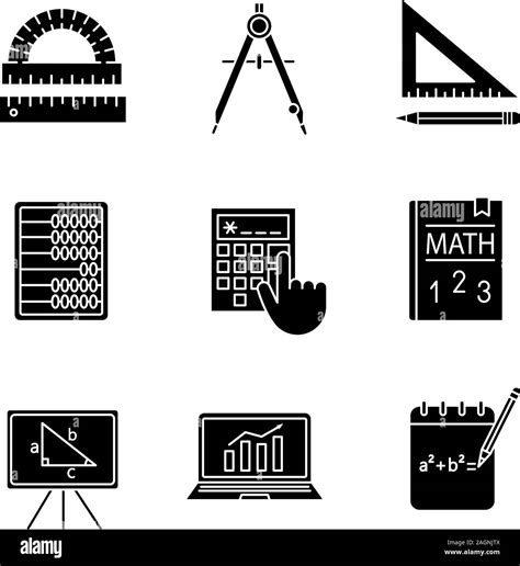 Mathematics glyph icons set. Geometry and algebra. Drafting tools ...