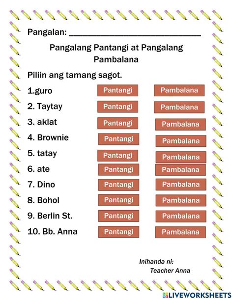 Pangalang Pambalana at Pangalang Pantangi worksheet in 2022 | Filipino words, Worksheets, Words