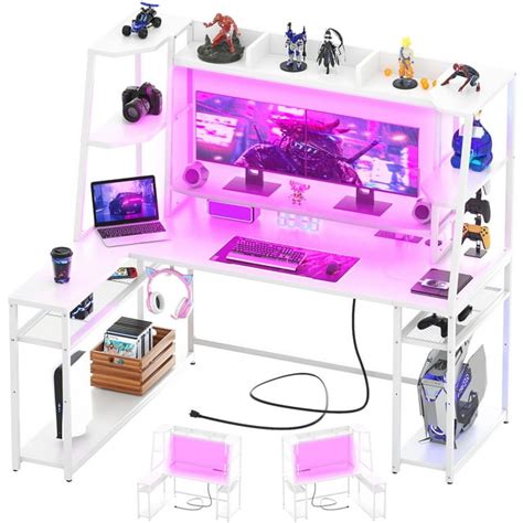 Homieasy 63'' L Shaped Gaming Desk with LED, Power Outlets, Hutch ...