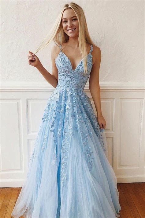 Light Sky Blue Straps V Neck Prom Dress with Lace, Backless Long Formal ...