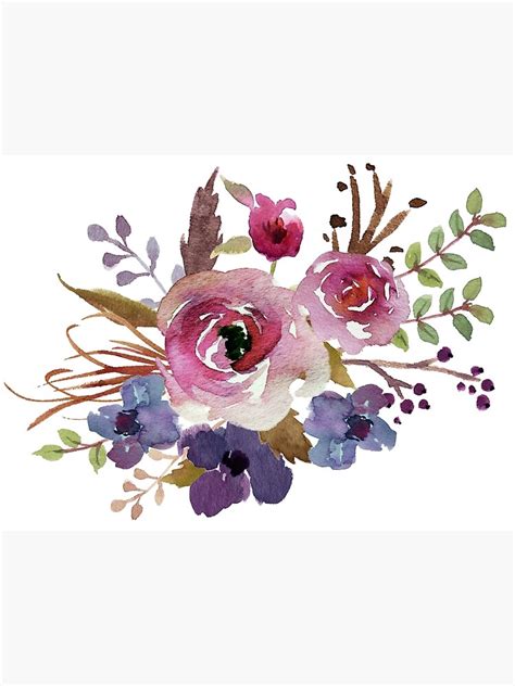 "Burgundy Blue Watercolor Flower Bouquet" Canvas Print for Sale by ...