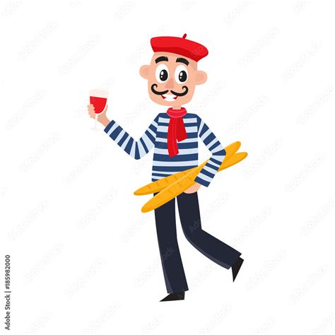 French man in striped shirt, beret and necktie holding wine glass and baguettes, cartoon vector ...