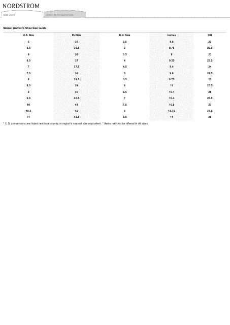 Women's Shoe Size Chart - Merrell Download Printable PDF | Templateroller