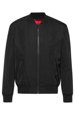 Hugo Regular Fit Bomber Jacket With Red Logo Label In Black | ModeSens