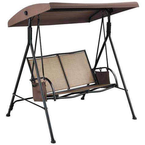 ANGELES HOME 2-Seat Steel Porch Patio Swing, fast-drying fabric, Adjustable Canopy, Side Pocket ...