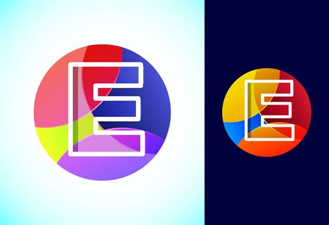 Line letter E on a colorful circle. Graphic alphabet symbol for ...