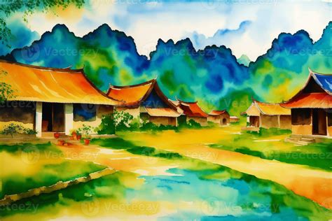 A chinese village. Watercolor Painting of a Tranquil Chinese Village ...