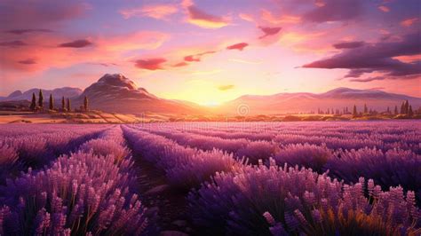 Lavender Flower Field in Bloom at Sunset. Rows of Flowers. Golden Hour ...