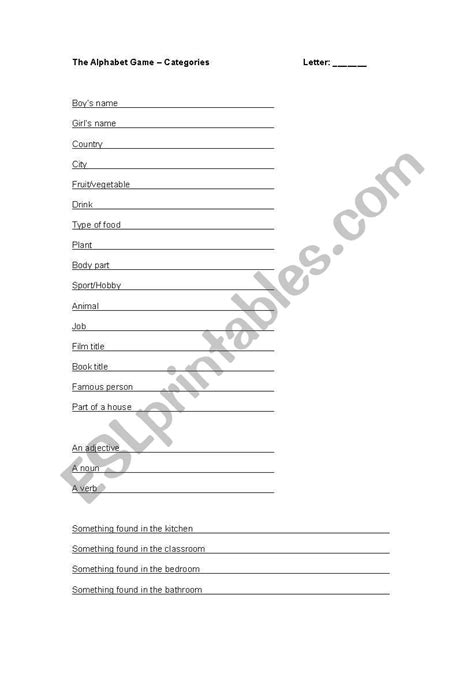 English worksheets: The Alphabet Game- Categories