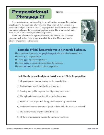 Prepositional Phrases Worksheet 5th Grade