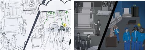 Left: Early paper prototype with a hand drawn sketch. Right: In a later ...