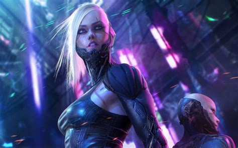 壁纸 : 艺术品, 科幻小说, cyberpunk, Cyber punk 2077, 氖, 女战士, 机器人, 白色的头发, 数字 ...