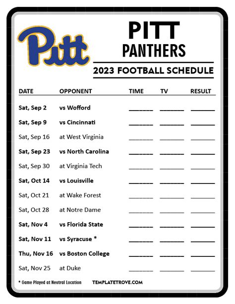 Printable 2023 Pitt Panthers Football Schedule