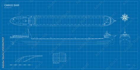 Outline cargo ship blueprint. Front, side and top industrial views of boat. Sea transport ...