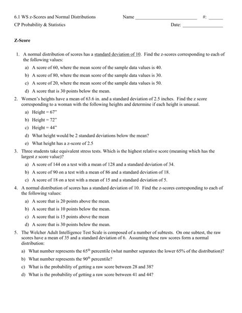 Z Score Practice Worksheet - Zipworksheet.com