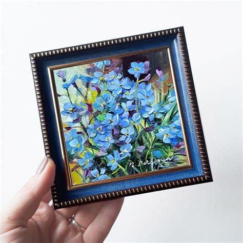 Forget-me-not Flower Oil Painting Original Gift Long Distance, Floral Oil Painting Blue Frame ...