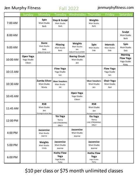 Jen Murphy Fitness Schedule - In-Person & Simulcast Streaming Classes