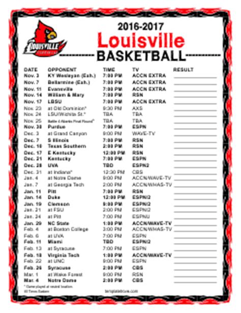 Printable 2016-2017 Louisville Cardinals Basketball Schedule