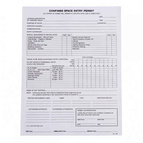 Confined Space Entry Form Template