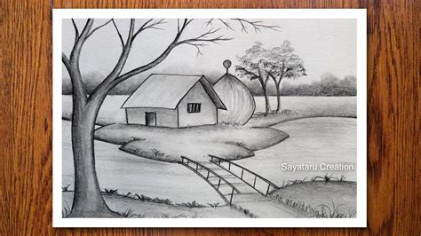 How to Draw a Village Scenery with pencil - Bridge Scenery Drawing for ...