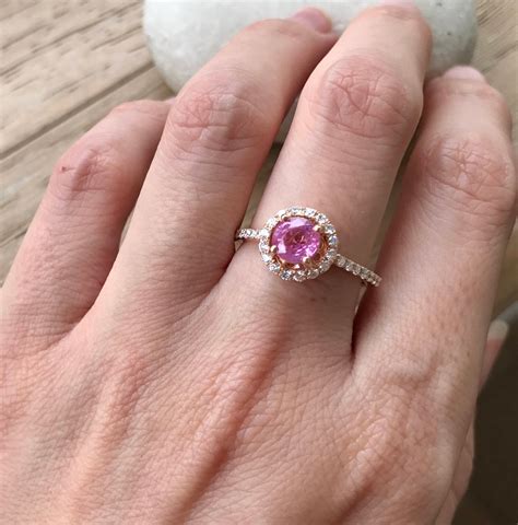 Certified Round 1.03ct Pink Sapphire Solid Gold Engagement Ring- Genuine Sapphire Halo Diamond ...