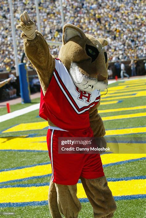 The Houston Cougars mascot cheers on the Cougar fans during a game ...