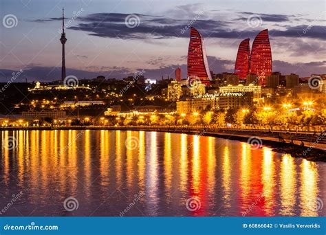 View of the Waterfront and the City at Night, in Baku, Azerbaija Stock ...