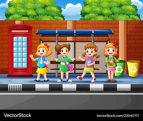 Cartoon of school children in the bus stop Vector Image