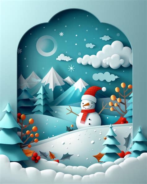 Magical Winter Wonderland Scene with Snowman Fir Trees Snowy Mountains ...