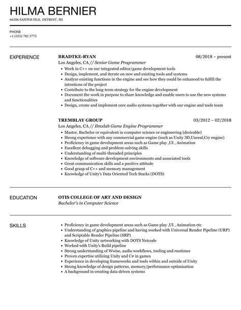 Game Programmer Resume Samples | Velvet Jobs