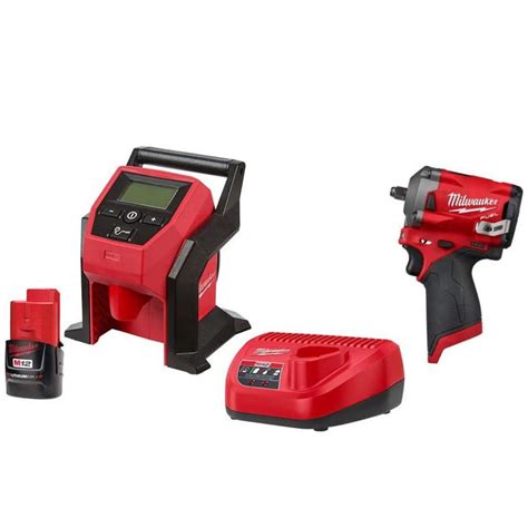 Milwaukee M12 Cordless Inflator w/2.0 Ah Battery and Charger with M12 FUEL Brushless Cordless ...