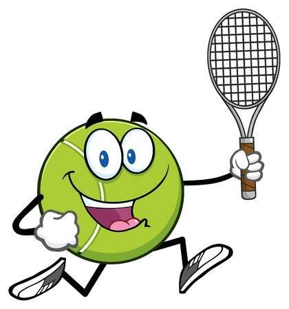 a cartoon tennis ball running with a racket in his hand and smiling ...