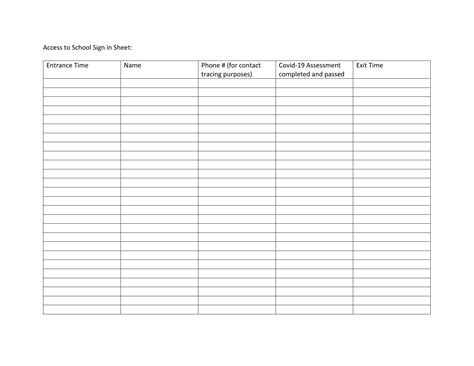 Access to School Sign in Sheet