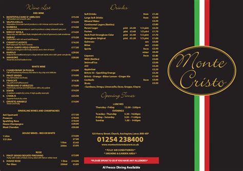 Our Main Menus At Monte Cristo Restaurant | Italian & Mediterranean