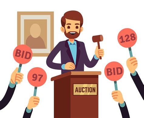 Auction with man holding gavel and people raised hands with bid paddle ...