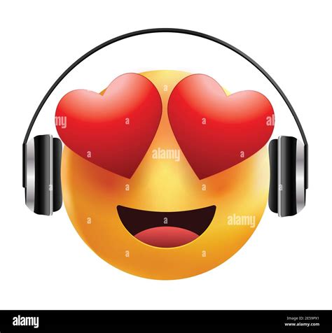 High quality emoticon smiling, love emoji with headphones isolated on white background. Yellow ...