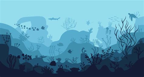 silhouette of coral reef with fish and divers on blue sea background underwater vector ...